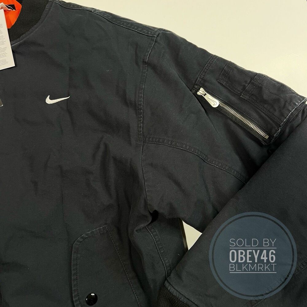 Nike Solo Swoosh Flight Bomber Jacket Black Canvas DX0680-010 Size M Oversized - Picture 5 of 8